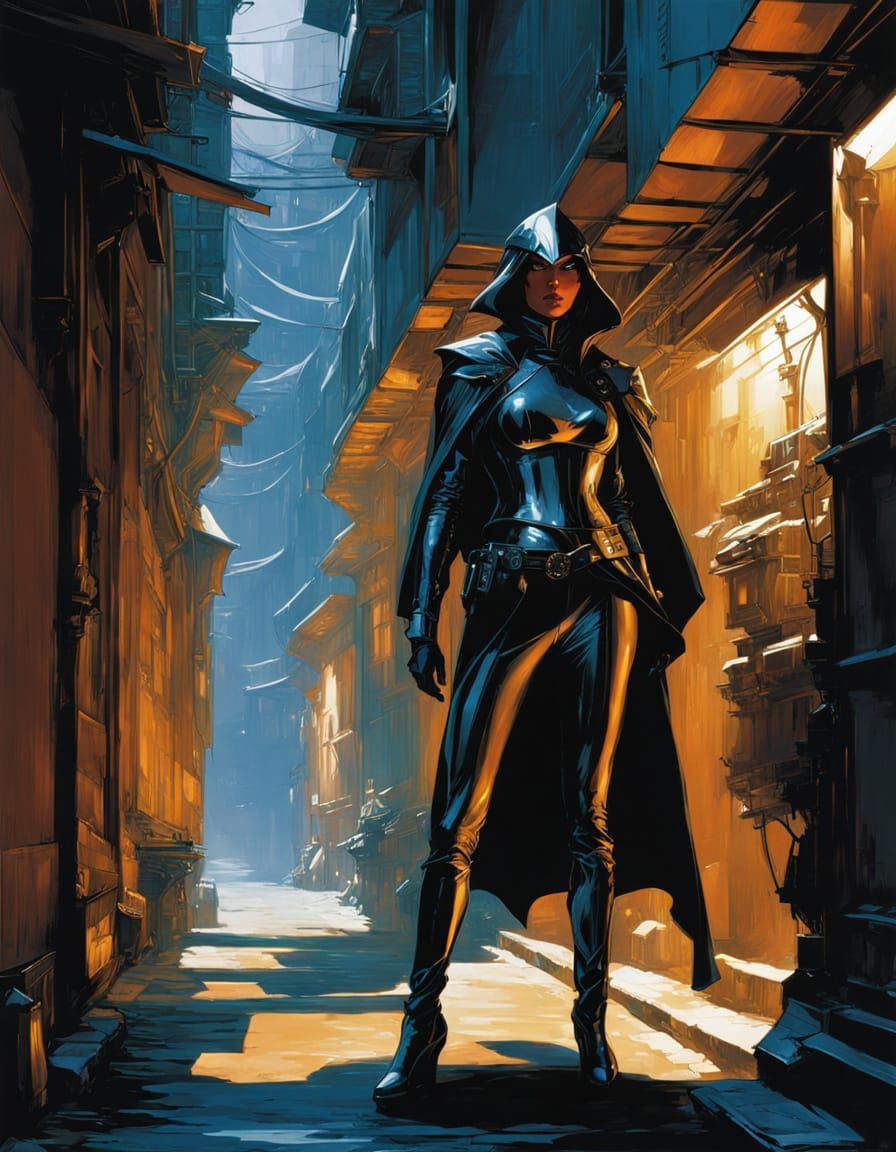 Surreal Elven Rogue in Dark Alley, Fantasy Illustration