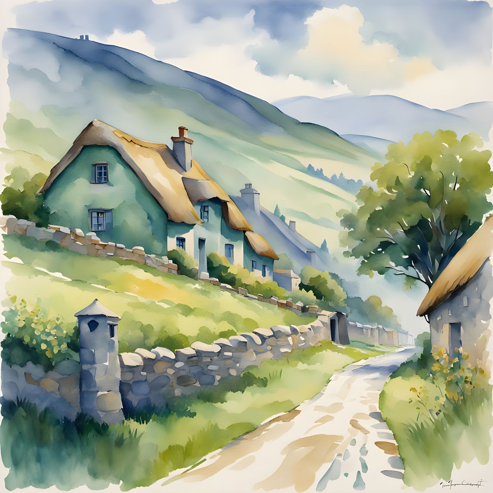 Quaint Irish Village Street Scene in Impressionist Watercolo...