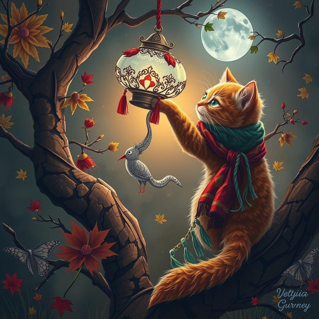Orange cat holding onto a glowing lantern