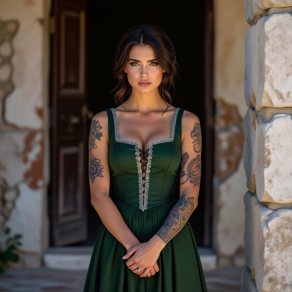 Medieval Noblewoman on Stone Porch, Cinematic Style