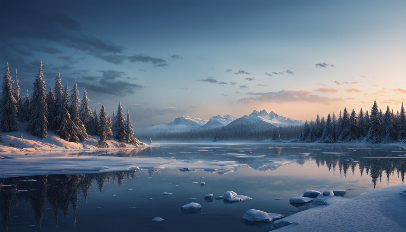 Frozen Lake Landscape at Twilight in Digital Matte Painting ...