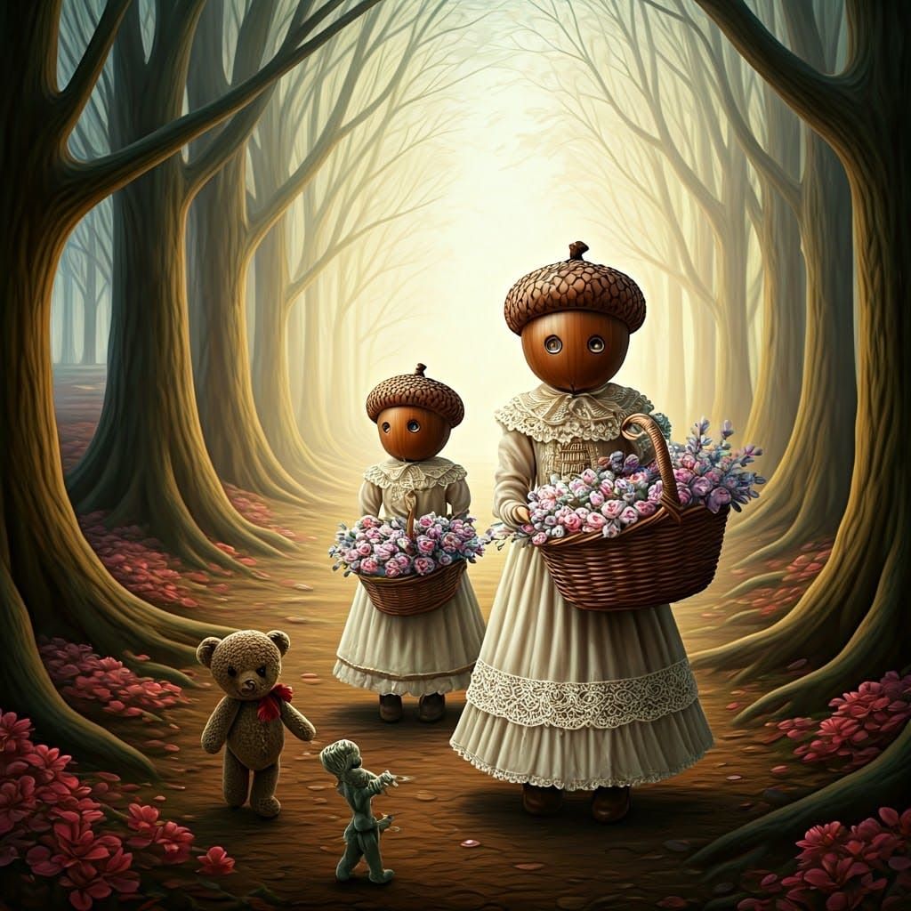 Acorn Head Dolls in Surrealist Forest