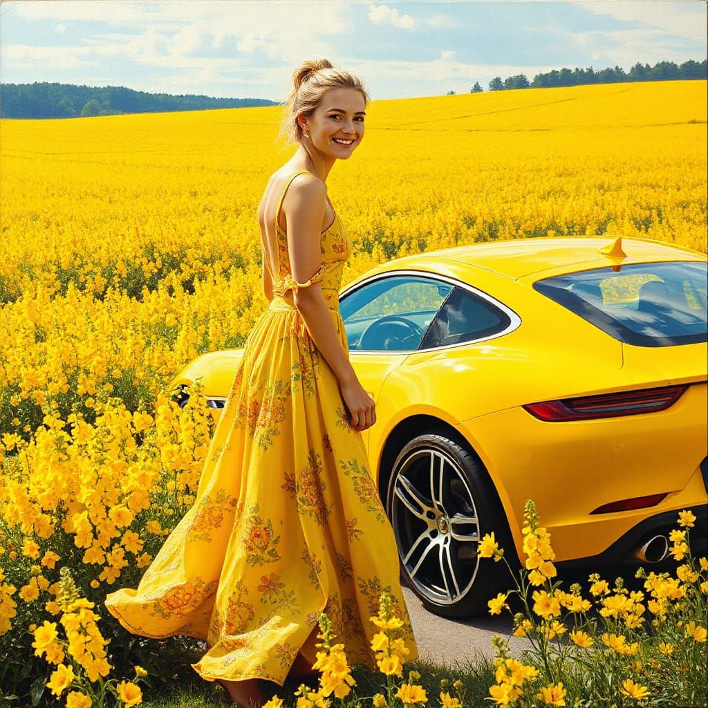 Vibrant Yellow Oil Painting of Woman in Rapeseed Field