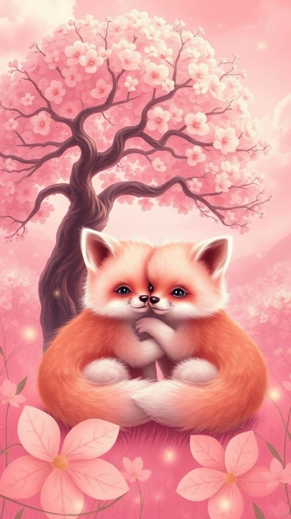 Fluffy Pink Foxes in Dreamlike Valley