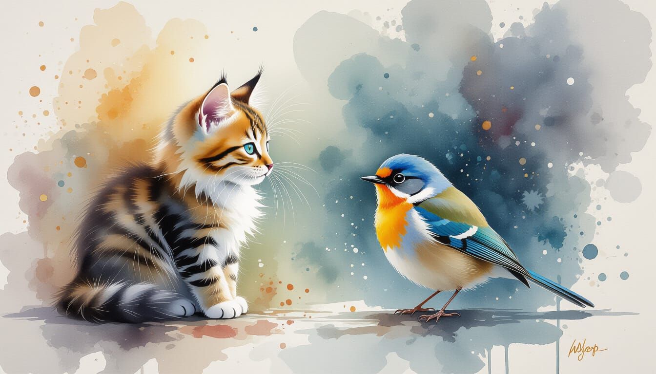 Cat and Bird Play Hide and Seek in Expressive Watercolour