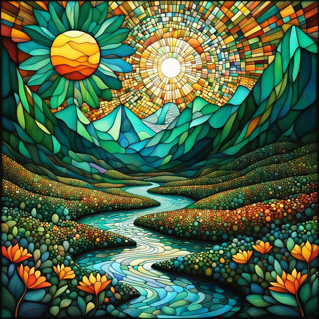 Emerald Sunset Over Jade Mountains: Digital Art