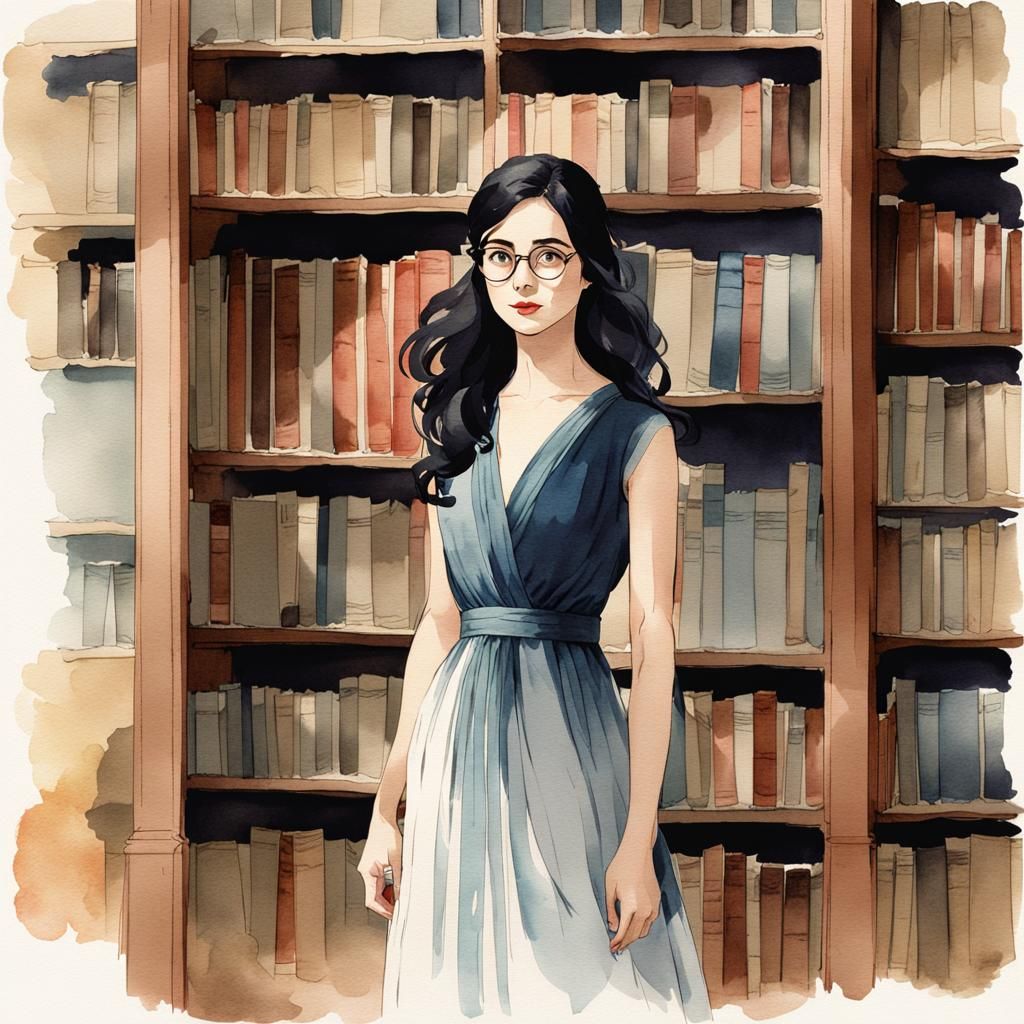 Woman in Library, Minimalist Ink and Watercolor