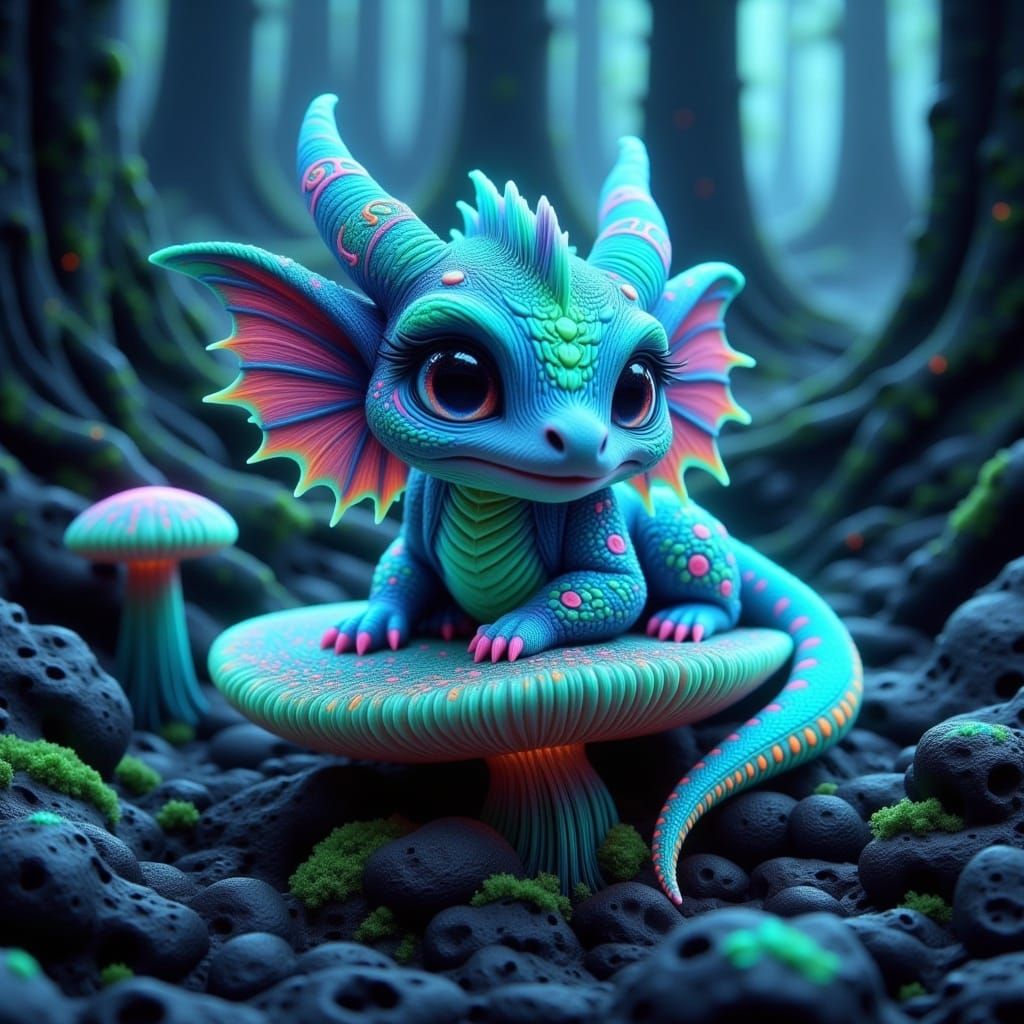 Chibi Dragon on Bioluminescent Mushroom, Anime Style
