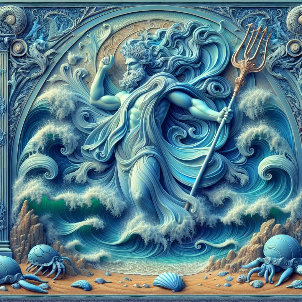 Mystical Zeus Emerging from Oceanic Portal in Art Nouveau St...