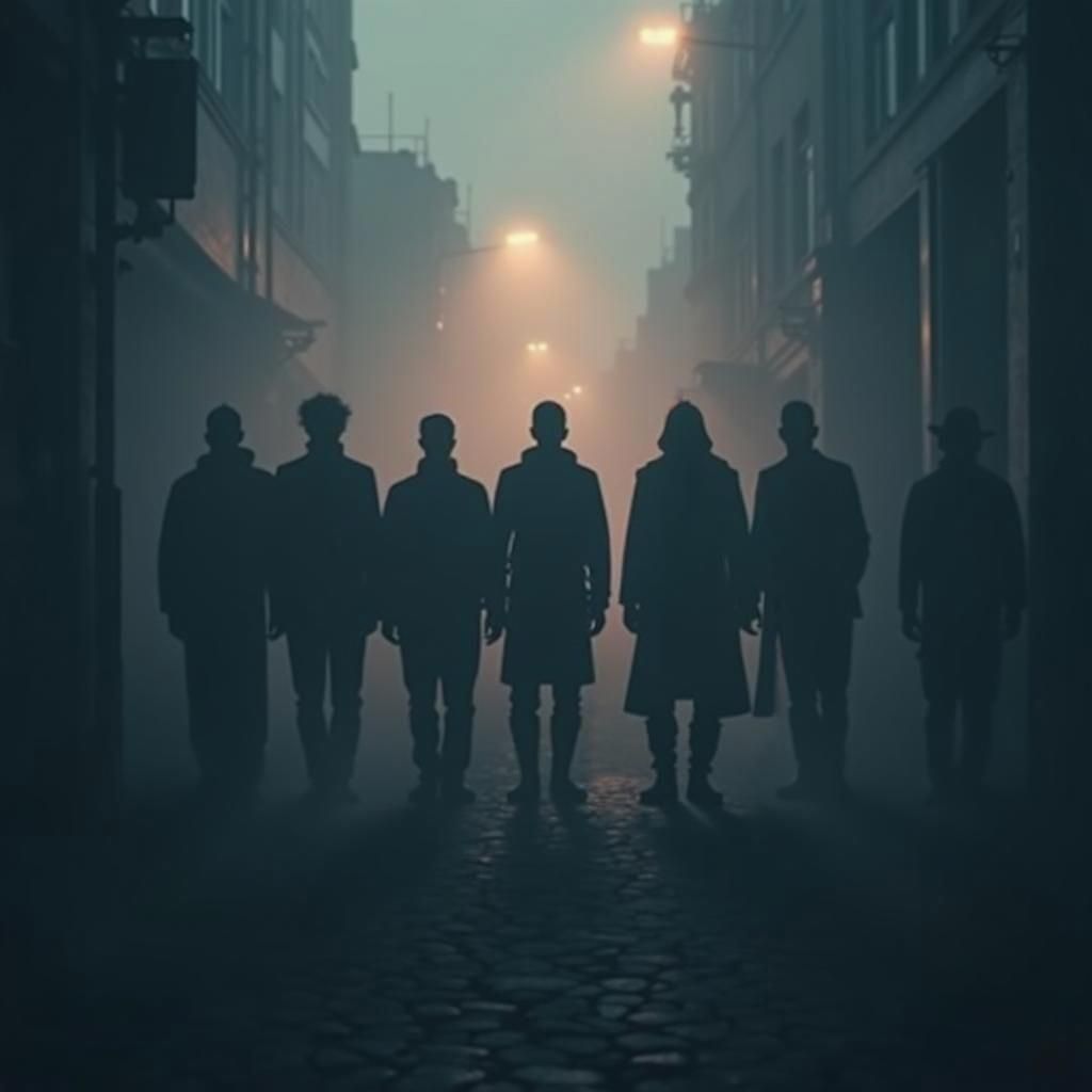 Shadowy Figures Unite in Foggy Cityscape