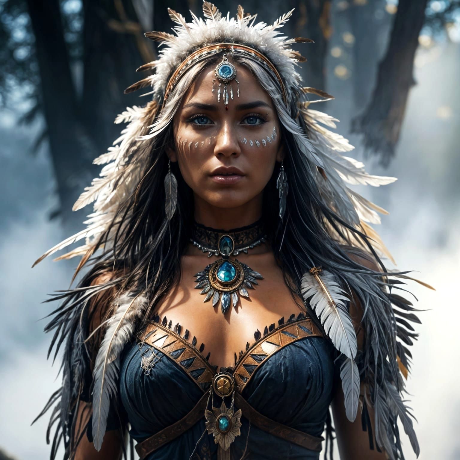 Gorgeous Native American Woman in Headdress, Silver Face Pai...