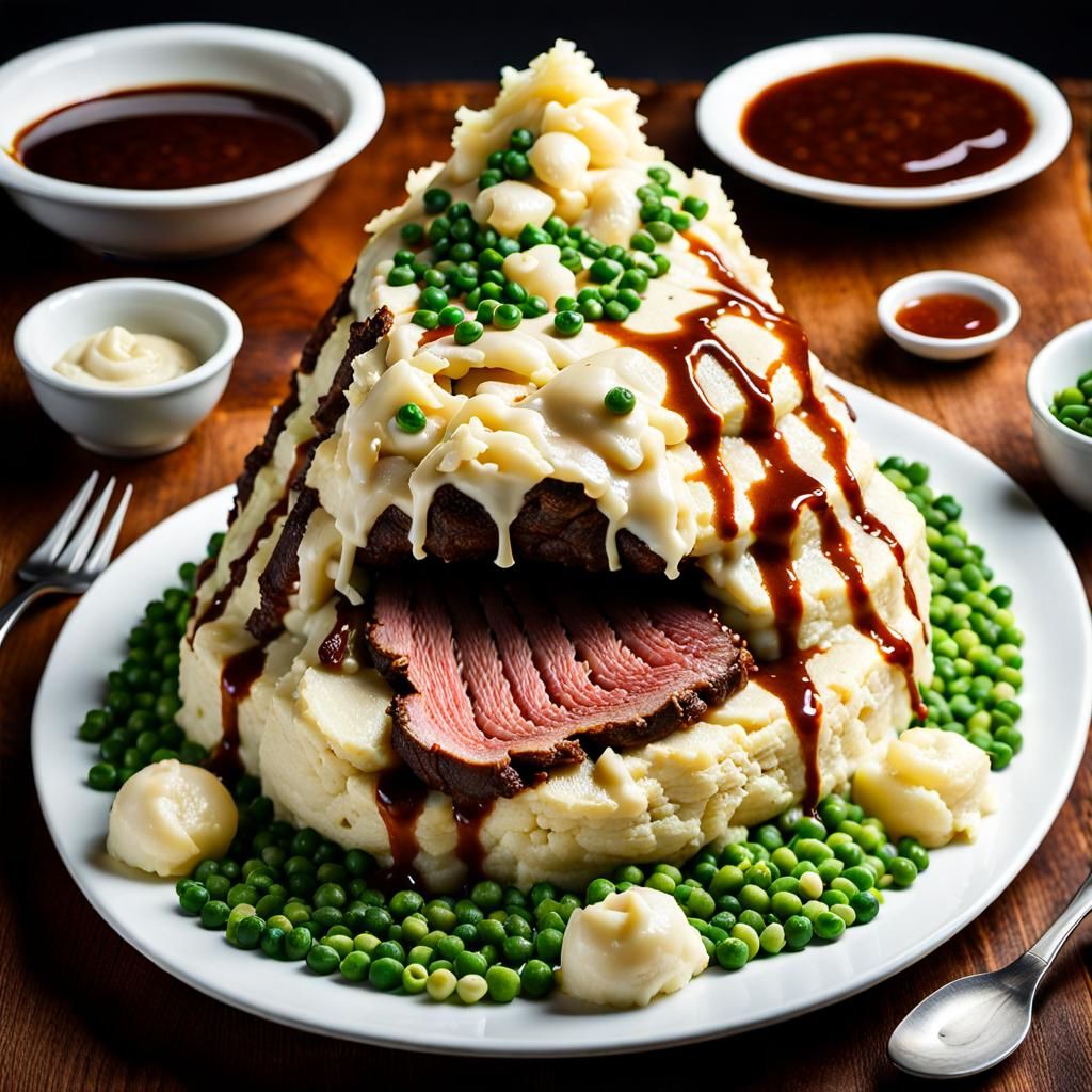 Hyperrealistic Mashed Potato Mountain with Gravy Volcano