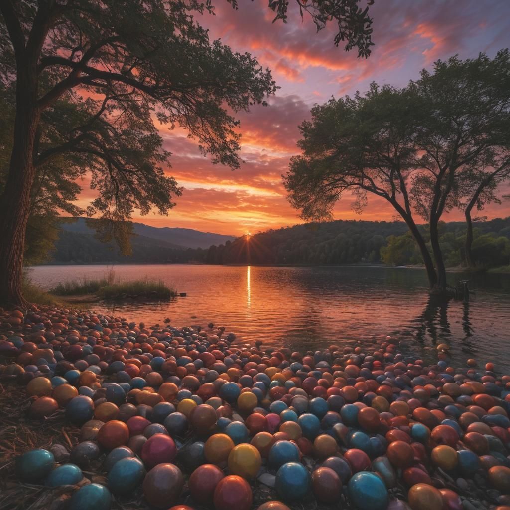 A landscape made of colored orbs, capturing a sunset over Beautiful lake side view