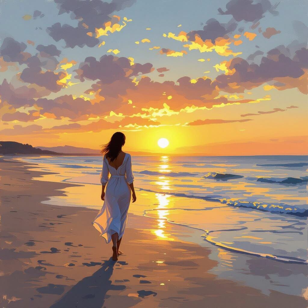 Woman's Serene Sunset Beach Walk in Impressionist Style