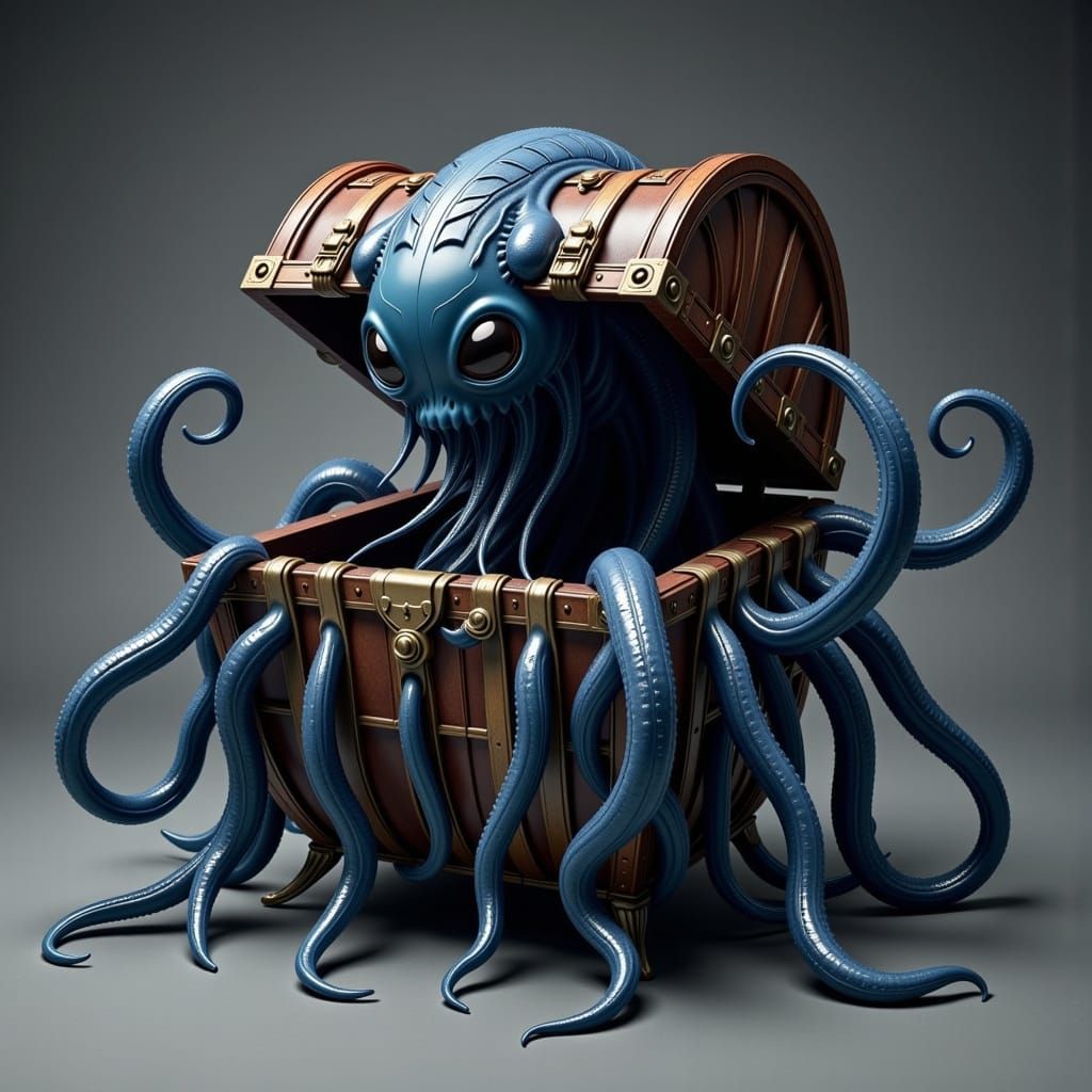 Gothic Wooden Mimic Chest with Tentacles and Eyestalks