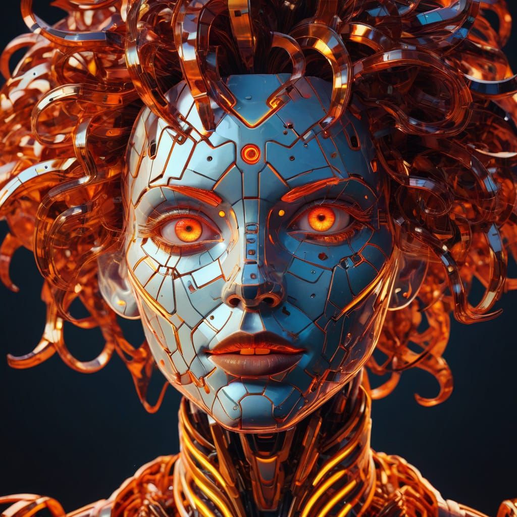 Robotic Character with Neon Freckles in Cubist Style