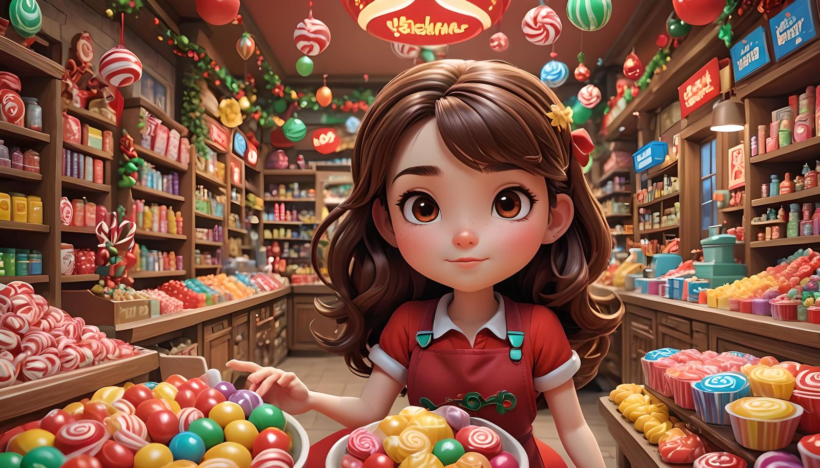 Chibi Girl in Christmas Candy Shop: 3D Digital Art
