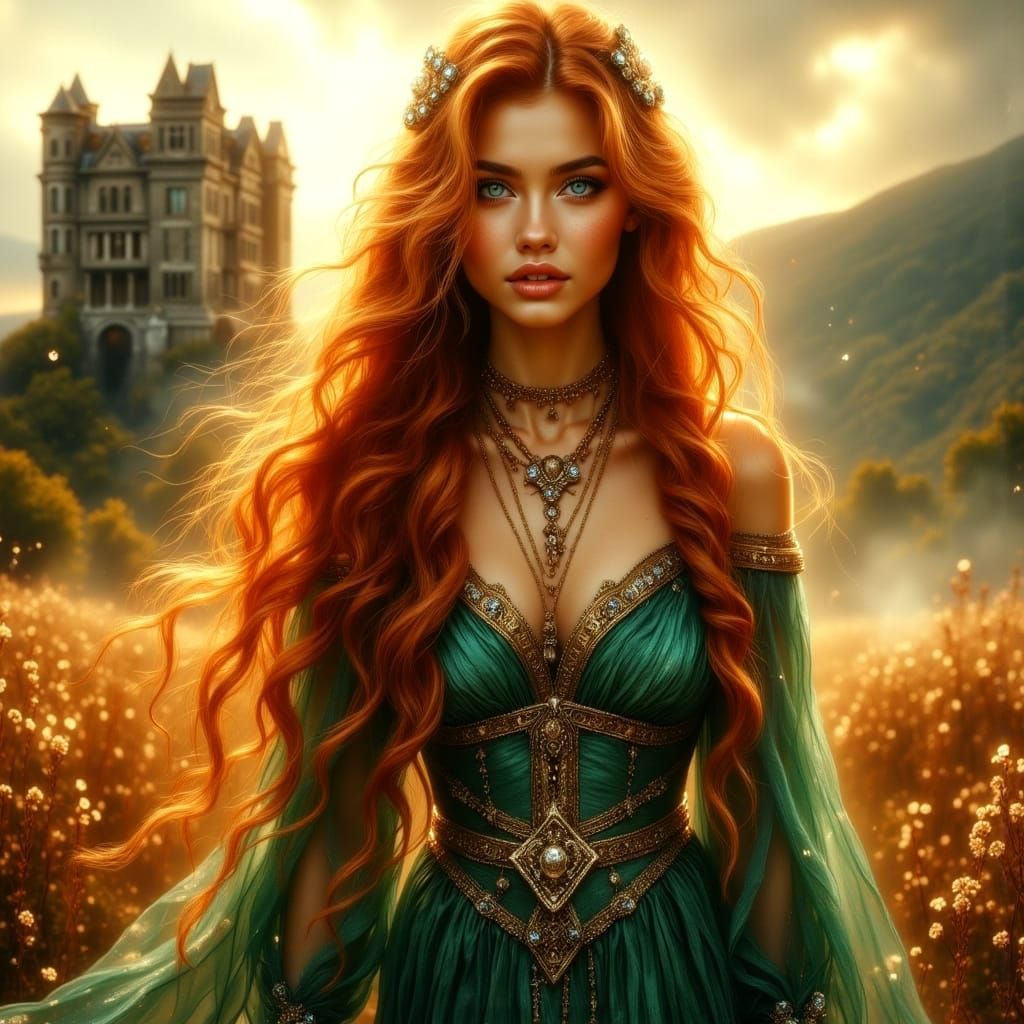 Celtic Goddess in Green Velvet, Striding Towards the Viewer