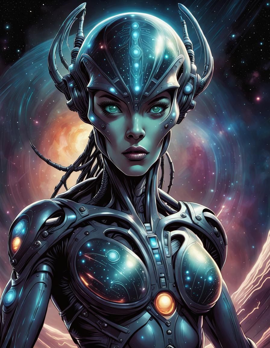 cybernetic enhanced cosmic female alien humanoid