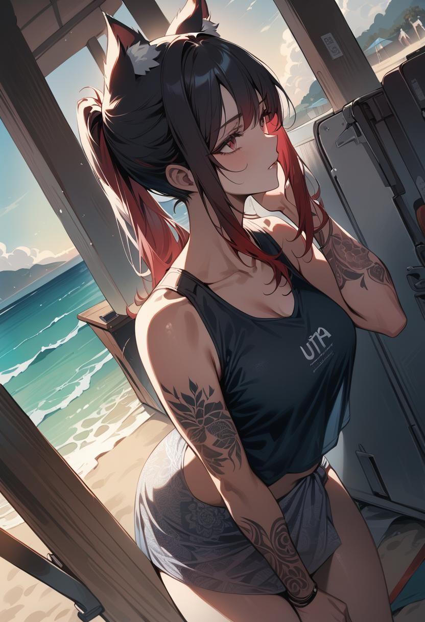 Aesthetic Catgirl on Beach in Manga Art Style