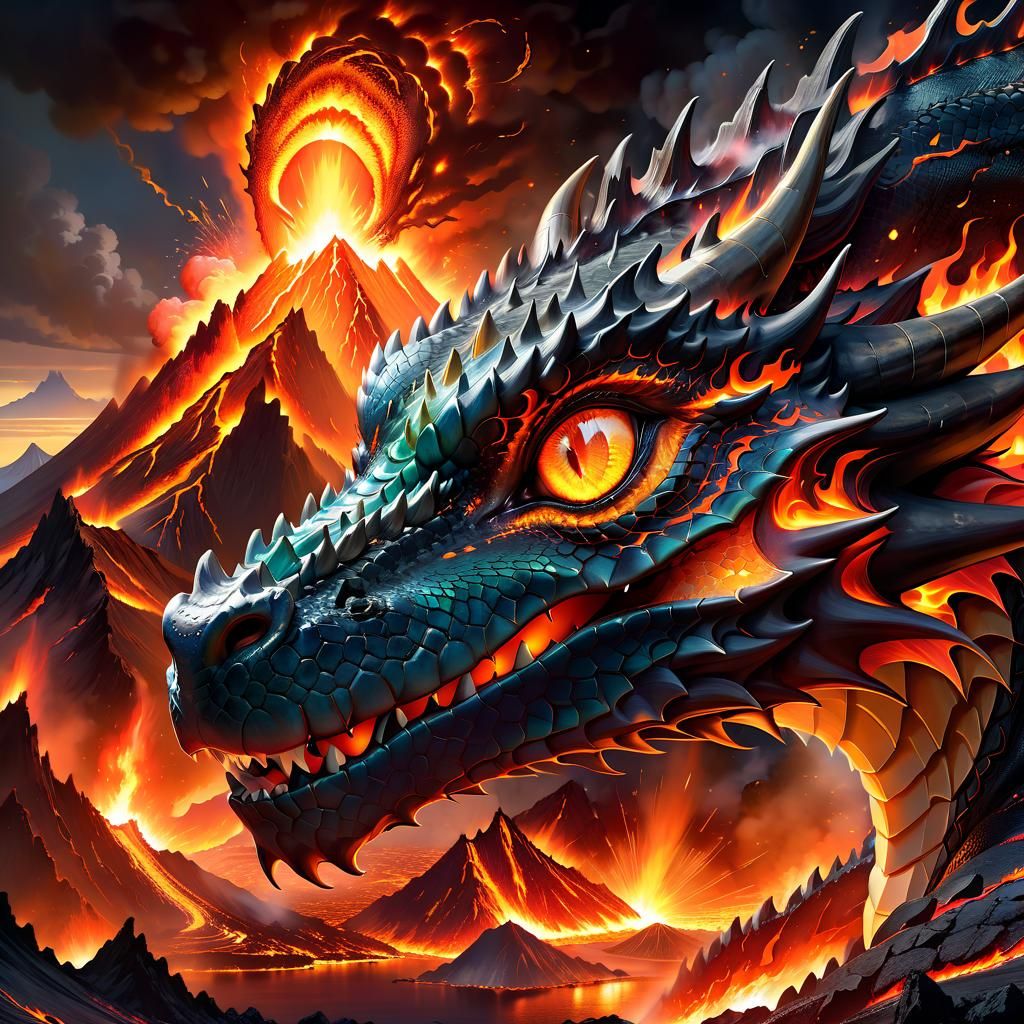 Epic Lava Dragon Portrait Before Volcano Eruption