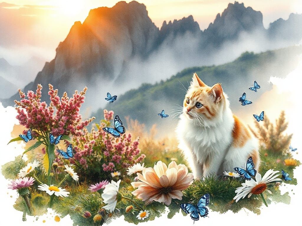 Sunrise Moorland Scene with Feline and Butterflies in Waterc...