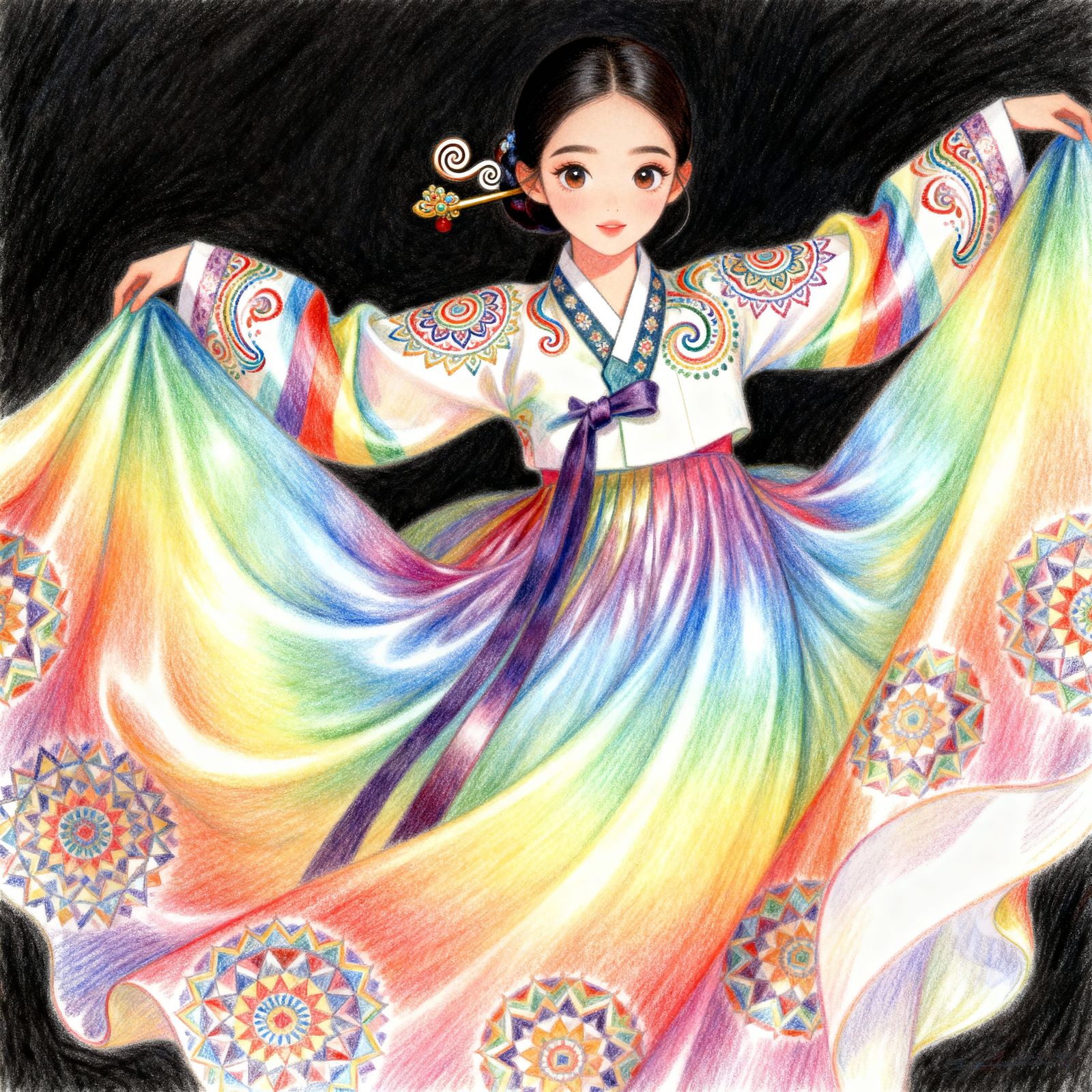 Elegant Woman in Psychedelic Rainbow Hanbok - Manhwa Style