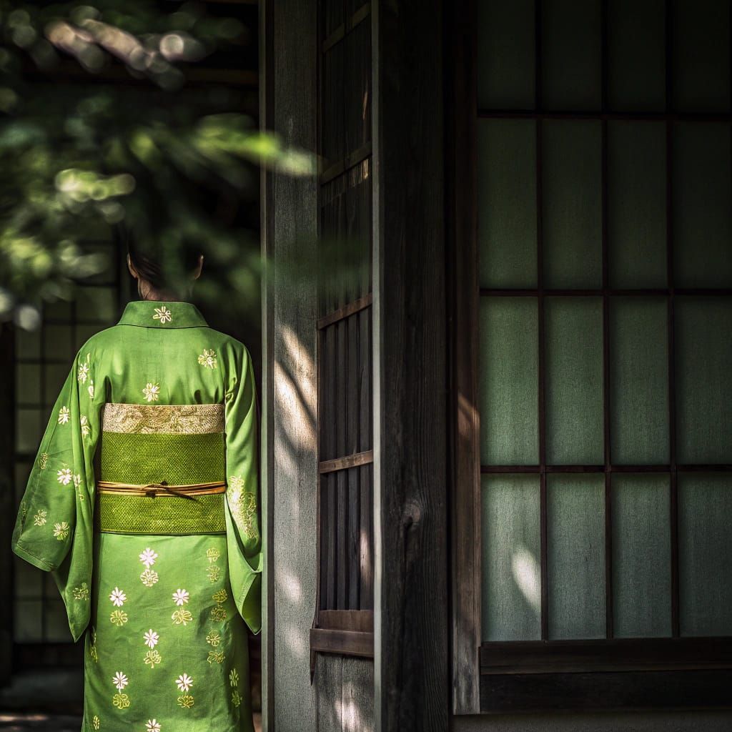 Green and Gold Kimono with Cherry Blossoms