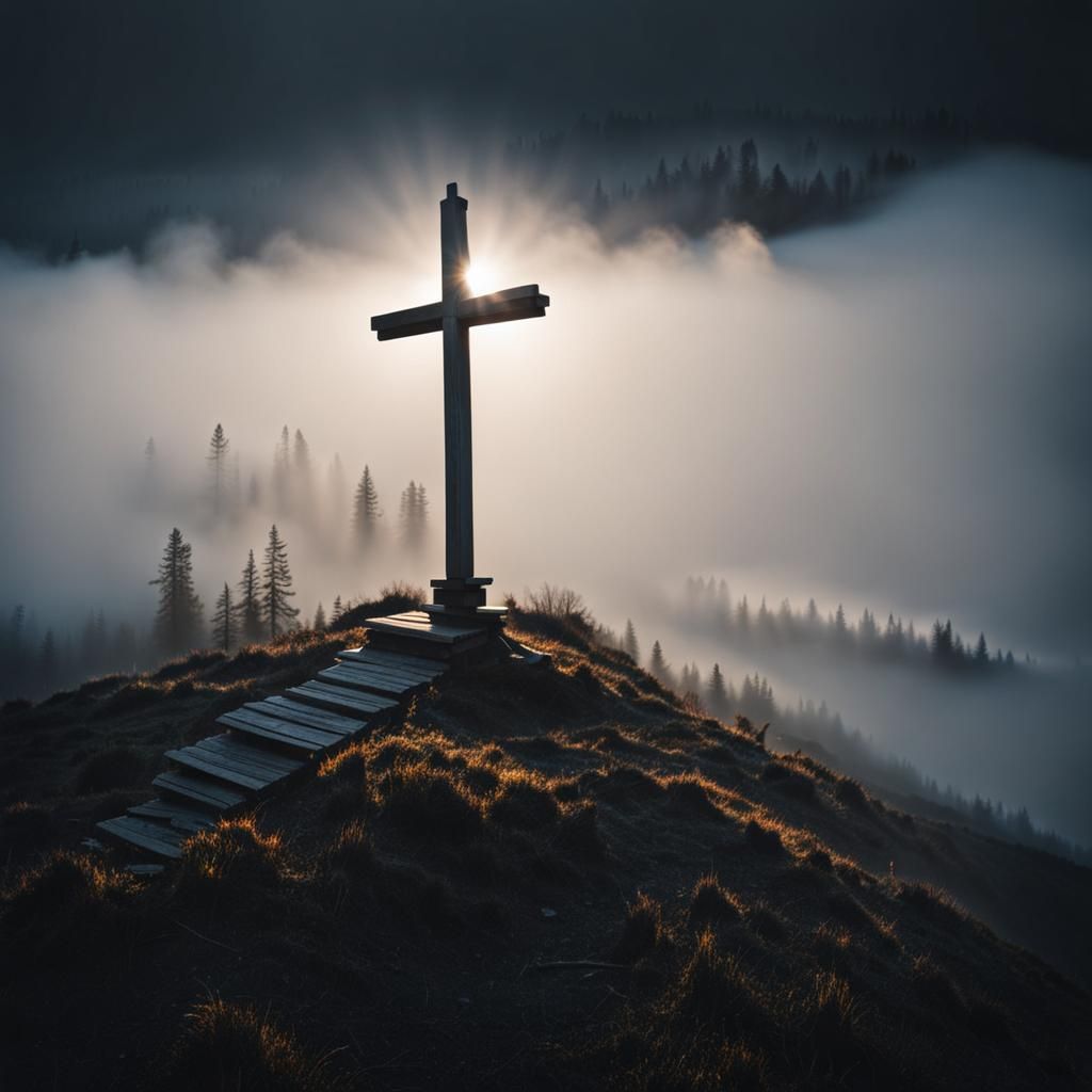Hilltop Cross in Fog Reveals Heavenly Light
