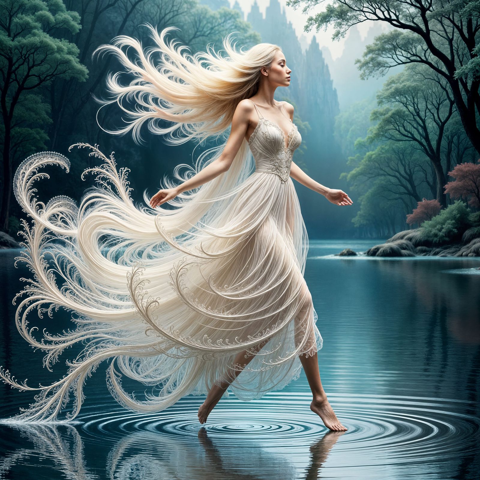 Ethereal Sprite Dancing Across Lake with Fractals