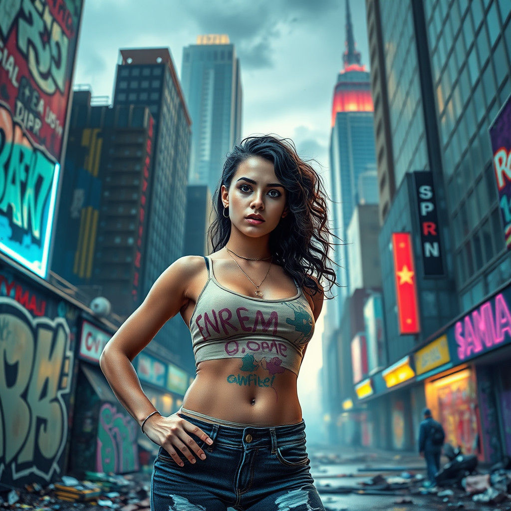 Powerful Woman in Graffiti Cityscape Art