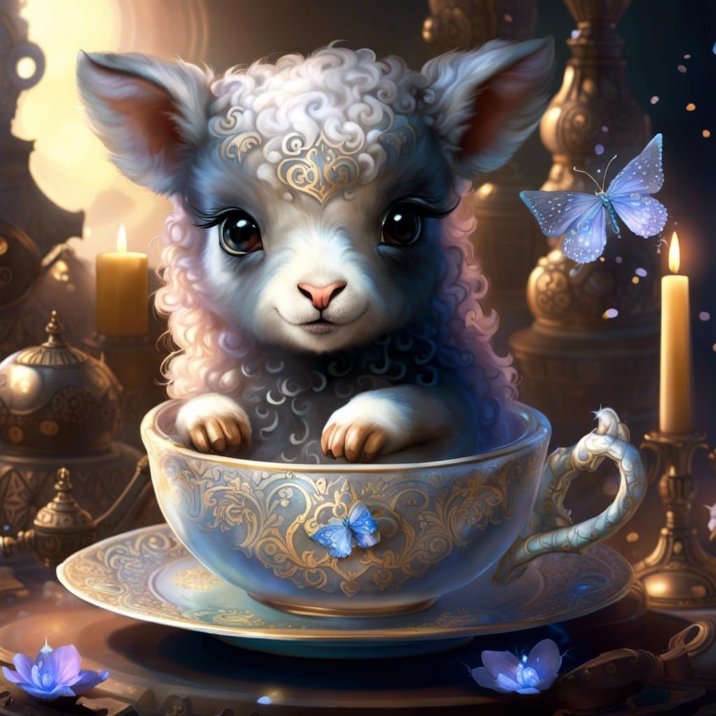 Lamb in Elven Teacup: Whimsical Fantasy Art