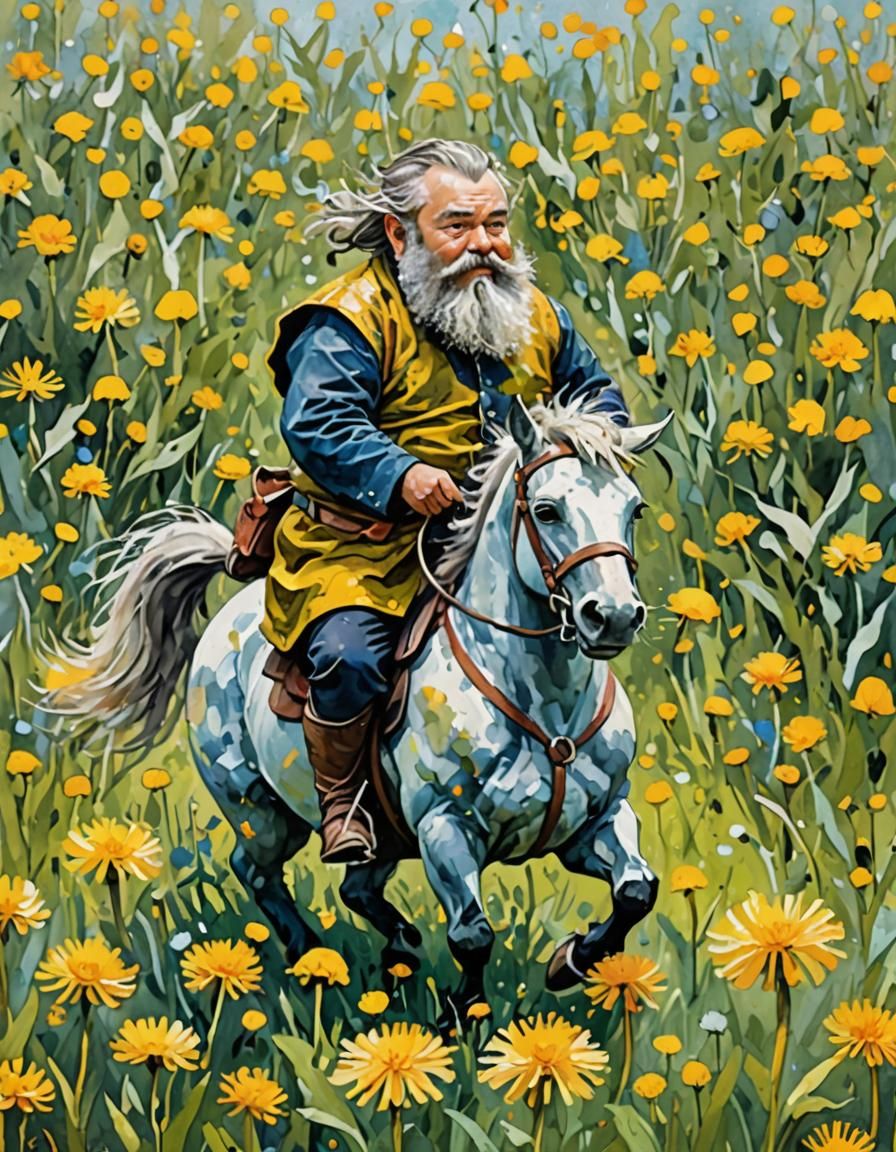 Dwarf Riding Pitbull in Impressionist Gouache Style