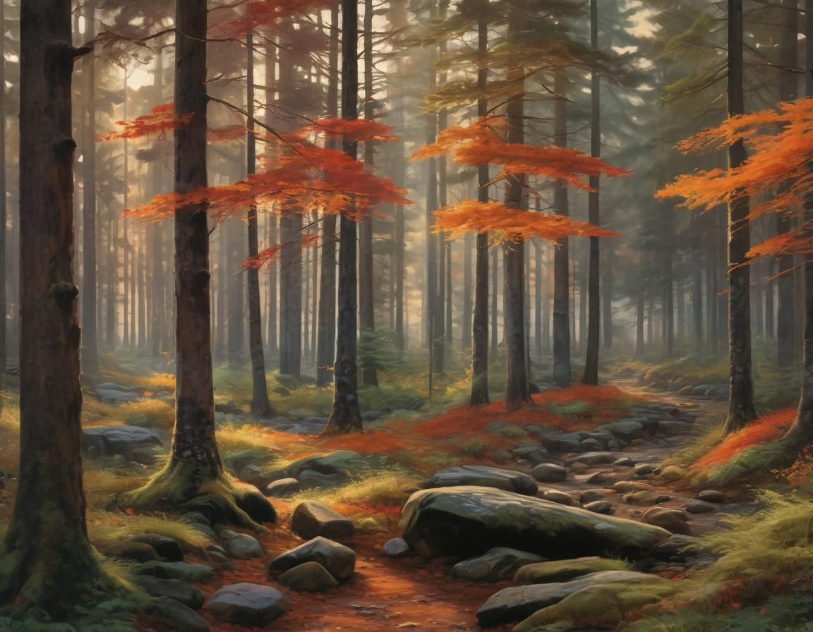 Golden Light in Pine Forest Watercolor