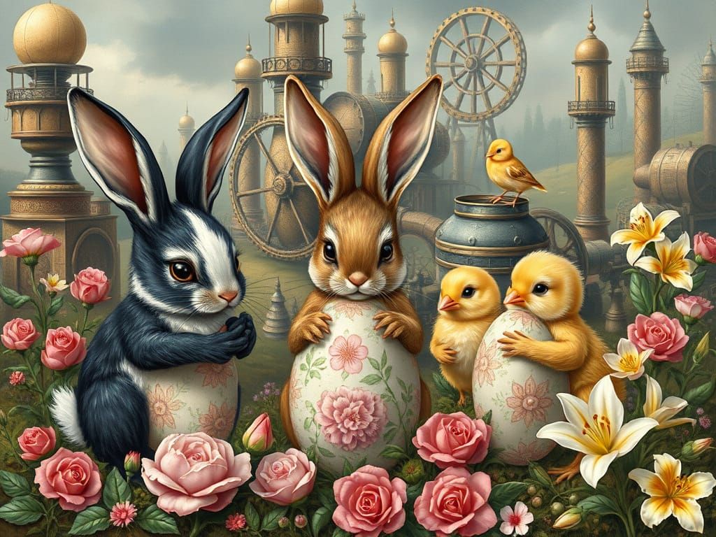 Bunnies Painting Easter Eggs in Fairy Tale Landscape