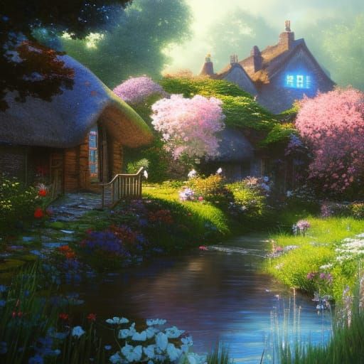 Idyllic Cottagecore Village with Flower Garden
