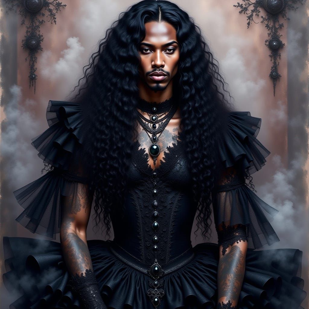 Goth Man in Black Lace Gown with Hazy Glow