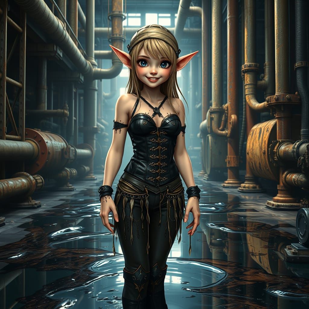 Oiled Elf in Industrial Setting: Hyperrealistic Art