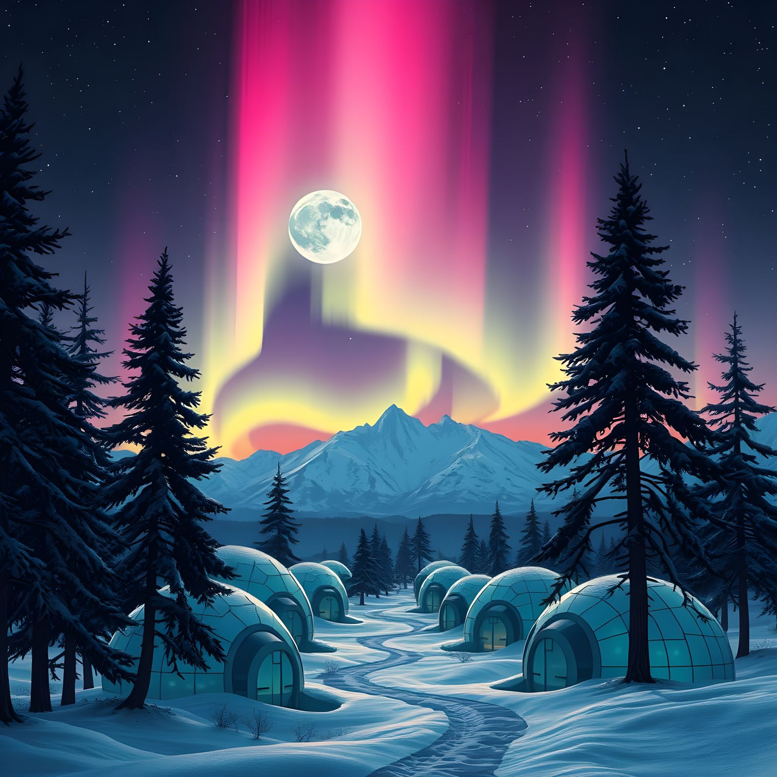 Glass Igloos Shine in a Futuristic Nighttime Aurora Scene