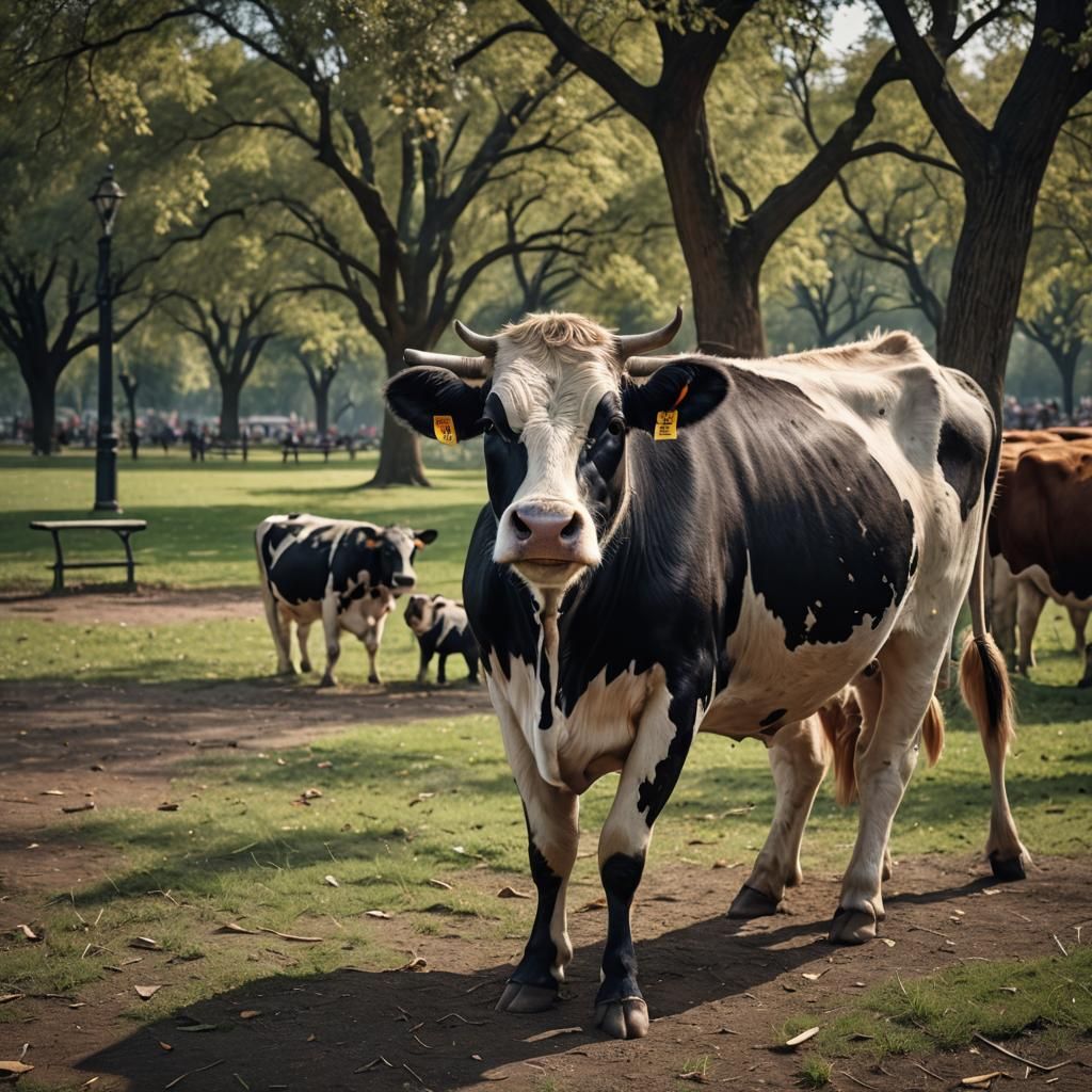 Hyperrealistic Cow Singing at a Park