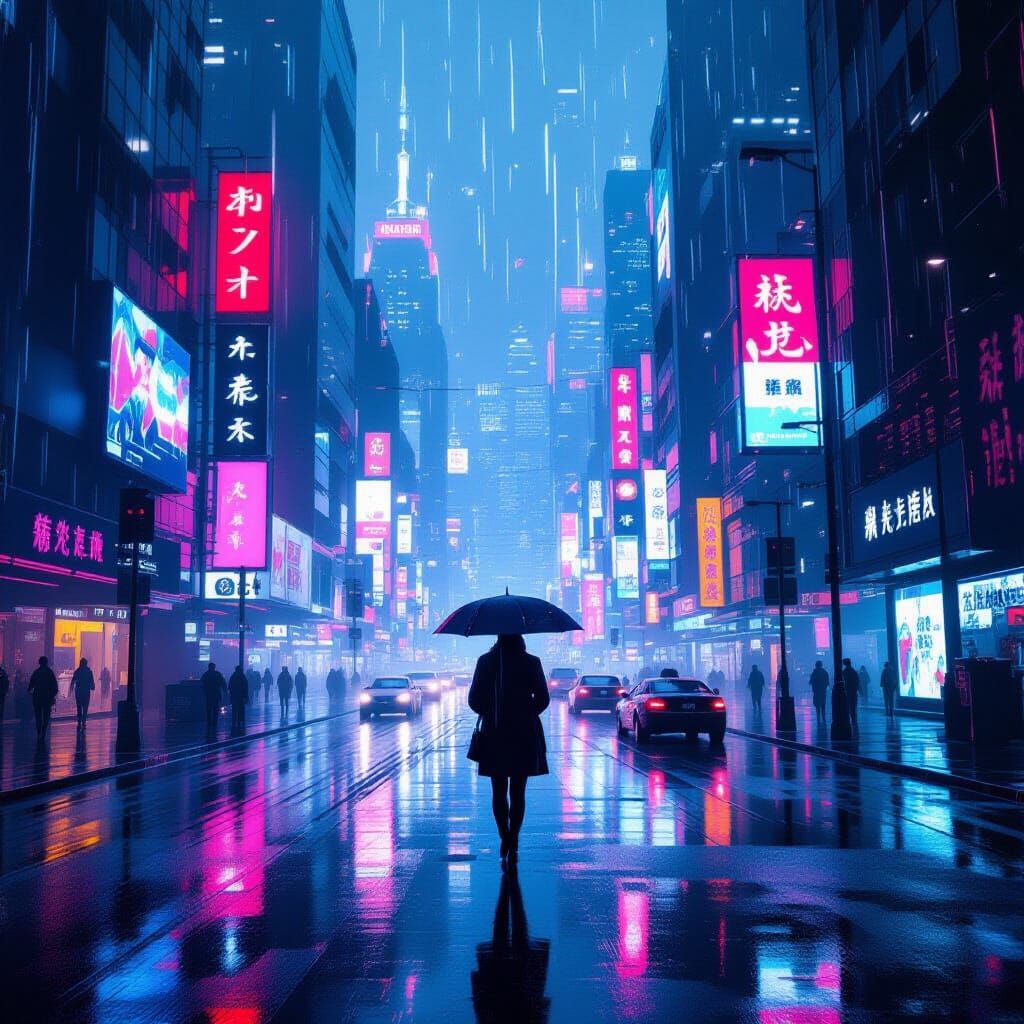 Neon Cityscape with Lone Figure in Cyberpunk Style