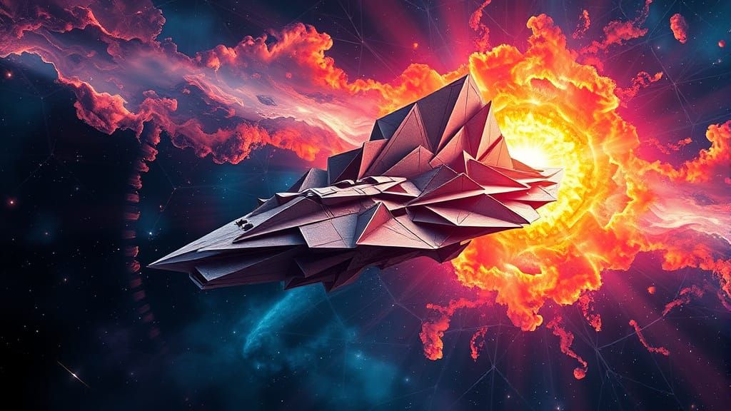 Surreal Cyberpunk Spaceship Soars Through Cosmic Fractal Neb...