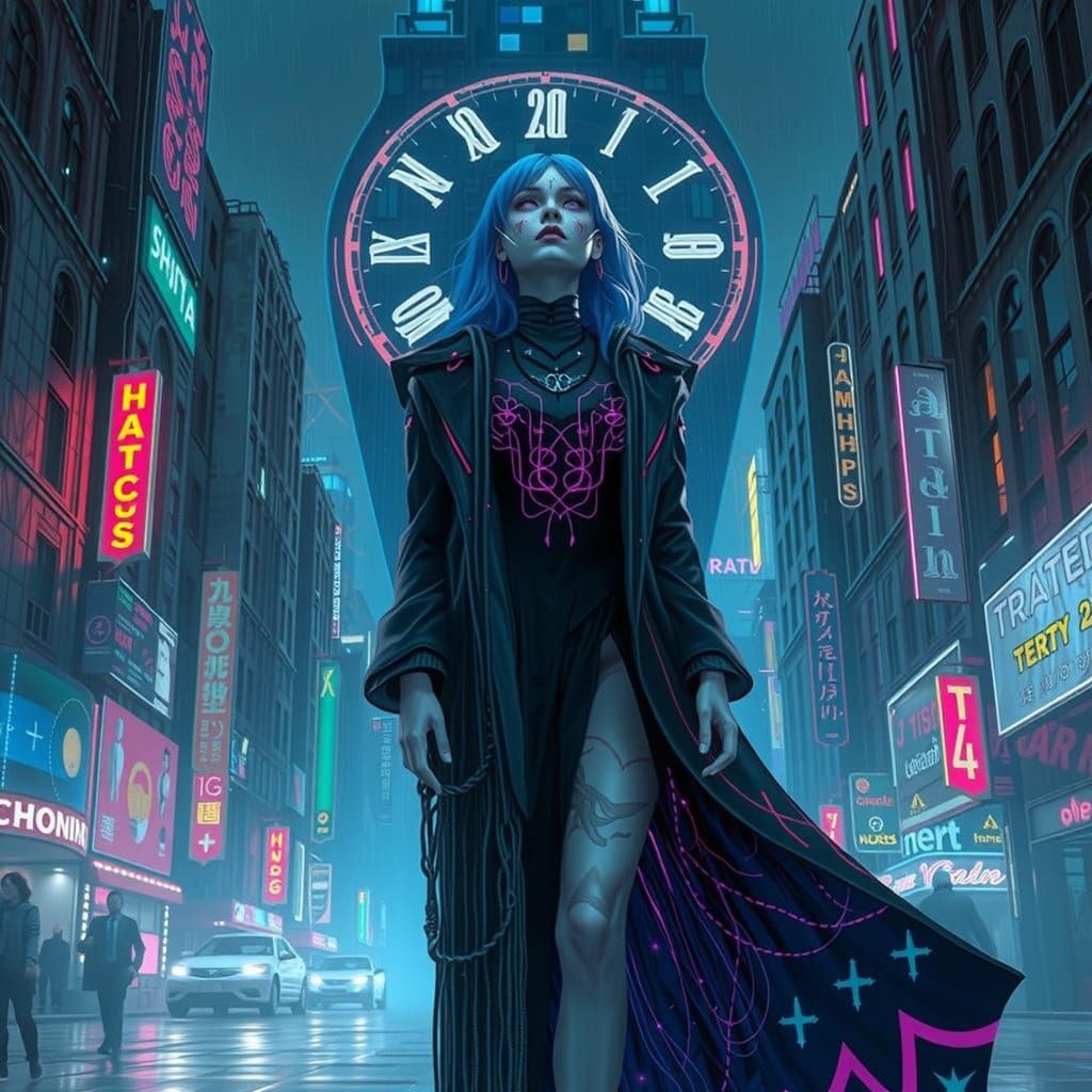 Cyberpunk Oracle in Neon Cityscape: Digital Painting