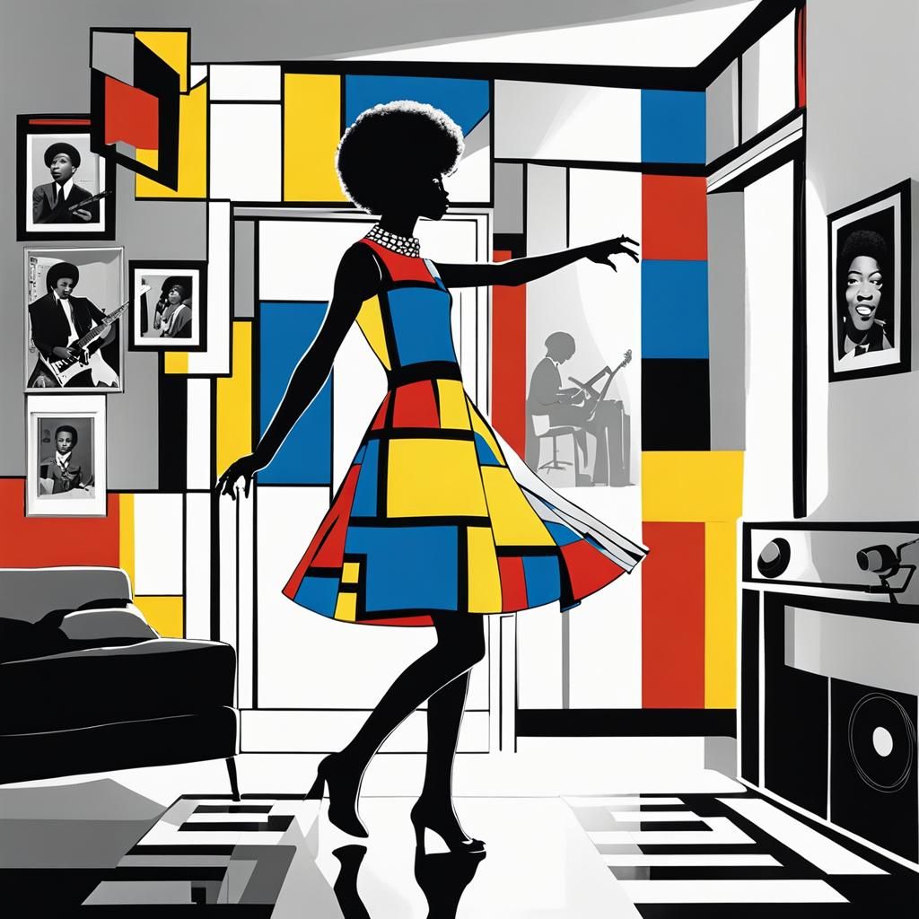 Dancing Girl in 60s Room with Mondrian Dress