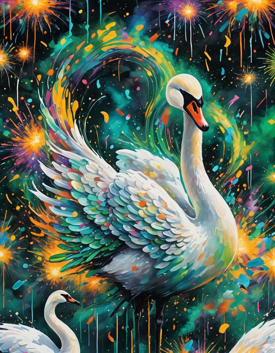 Vibrant Street Art: Swan Amidst Emerald Fireworks