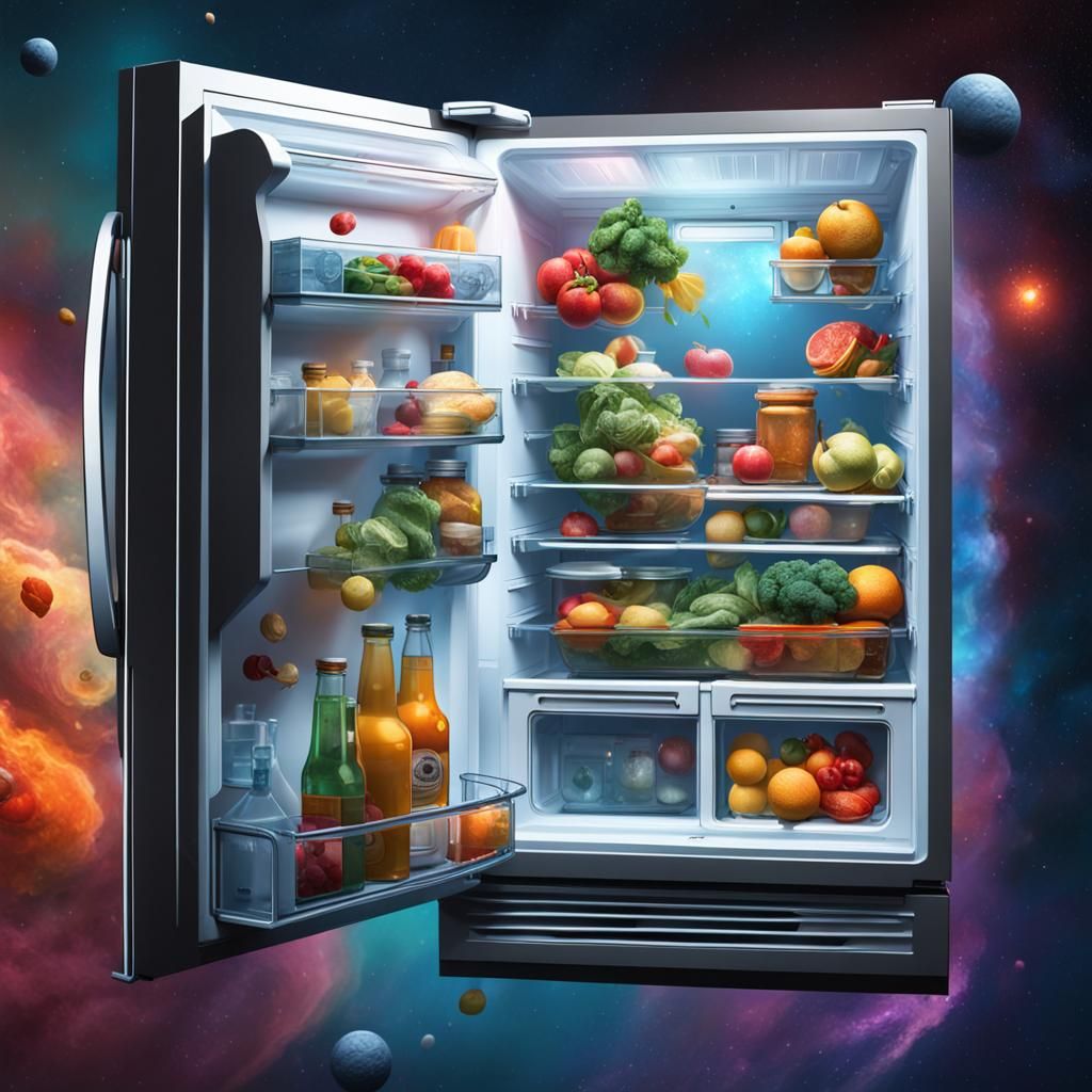 Hyperrealistic Fridge Floating in Space