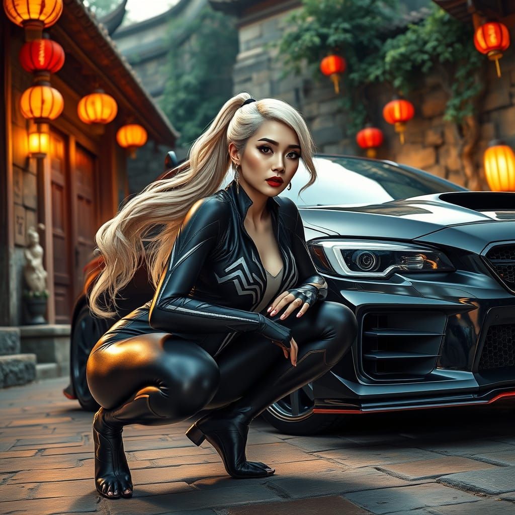 Elegant Asian Woman in Battle-Ready Venom Cosplay beside a D...