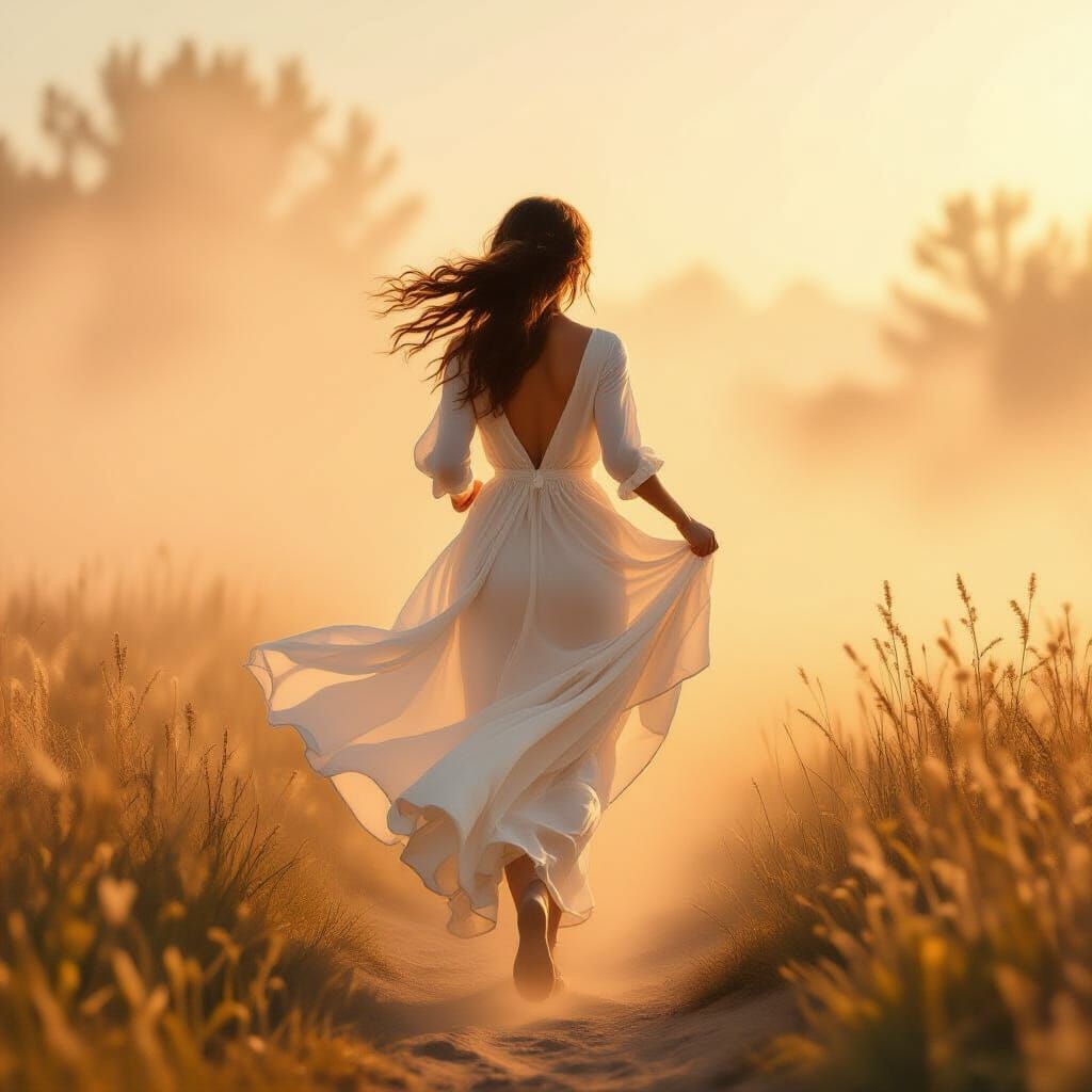 Ethereal Woman in Golden Mist, Dreamy Digital Art