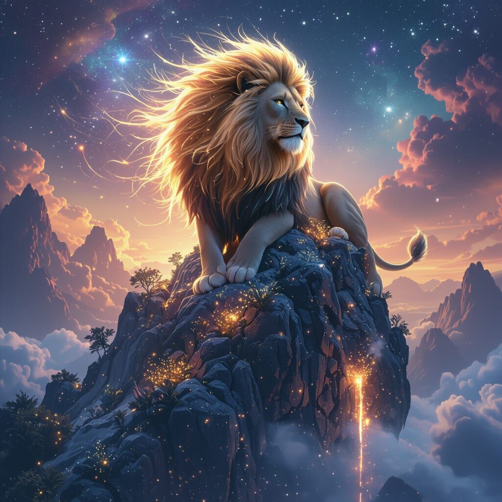 Cosmic Lion King on Floating Mountain