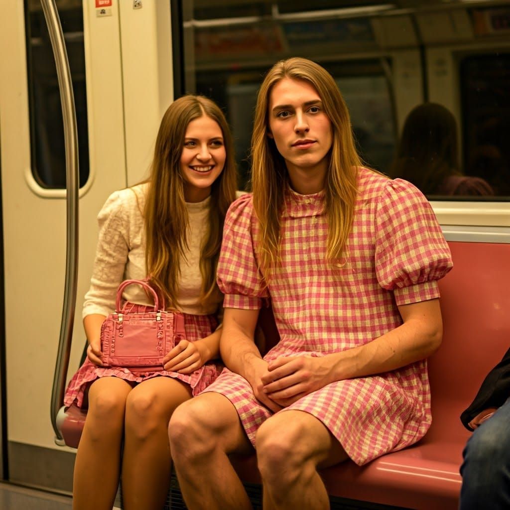 Playful Young Man in Babydoll Dress on the Metro, Surrounded...